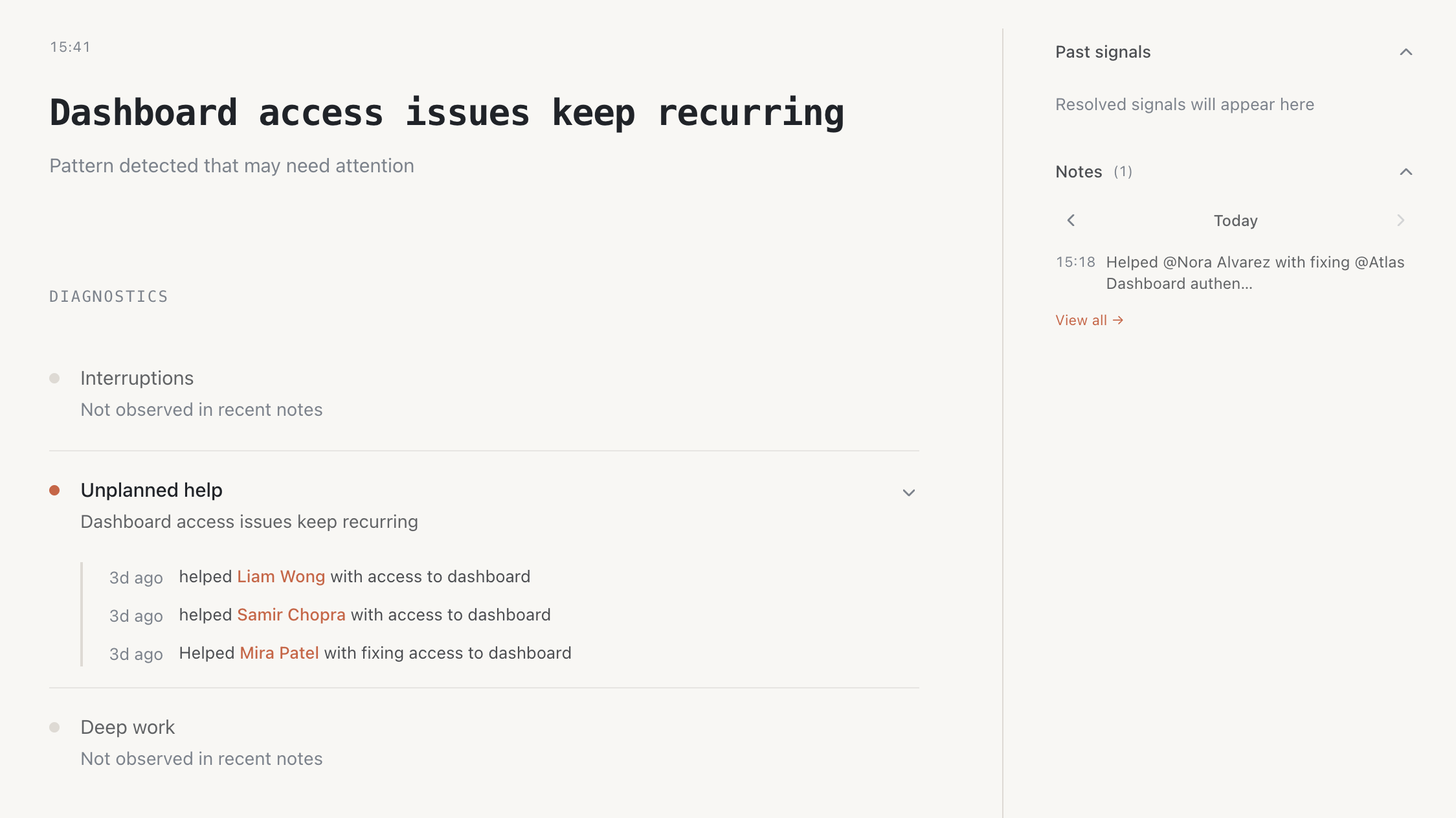 Jotchain diagnostics view showing detected patterns in work